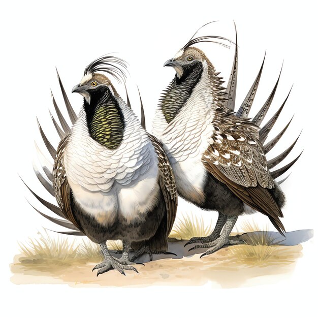 Cute Greater sagegrouse performing a courtship display bird watercolor illustration