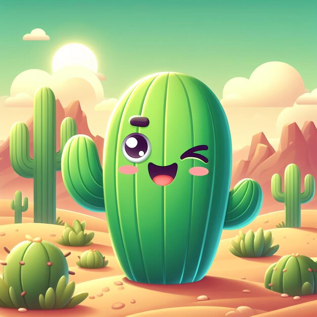 Photo cute green cactus character on desert