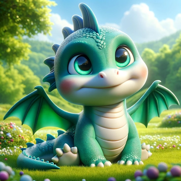 A cute green dragon sits on the grass Mythical character Fairytale background