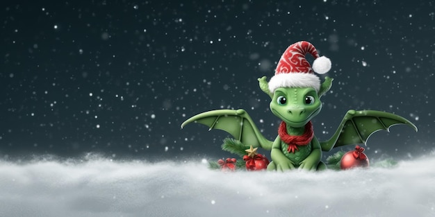 Cute green dragon with wings symbol new year 2024 in red Santa hat on snowy backdrop with copy space