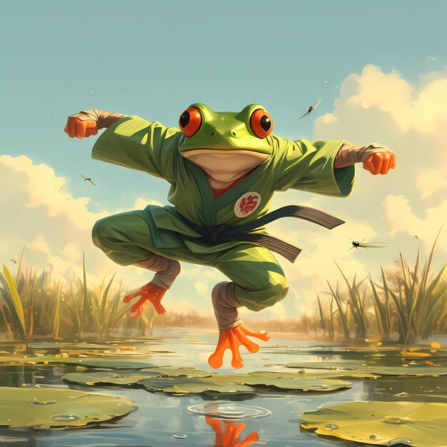 Photo cute green frog ninja in action