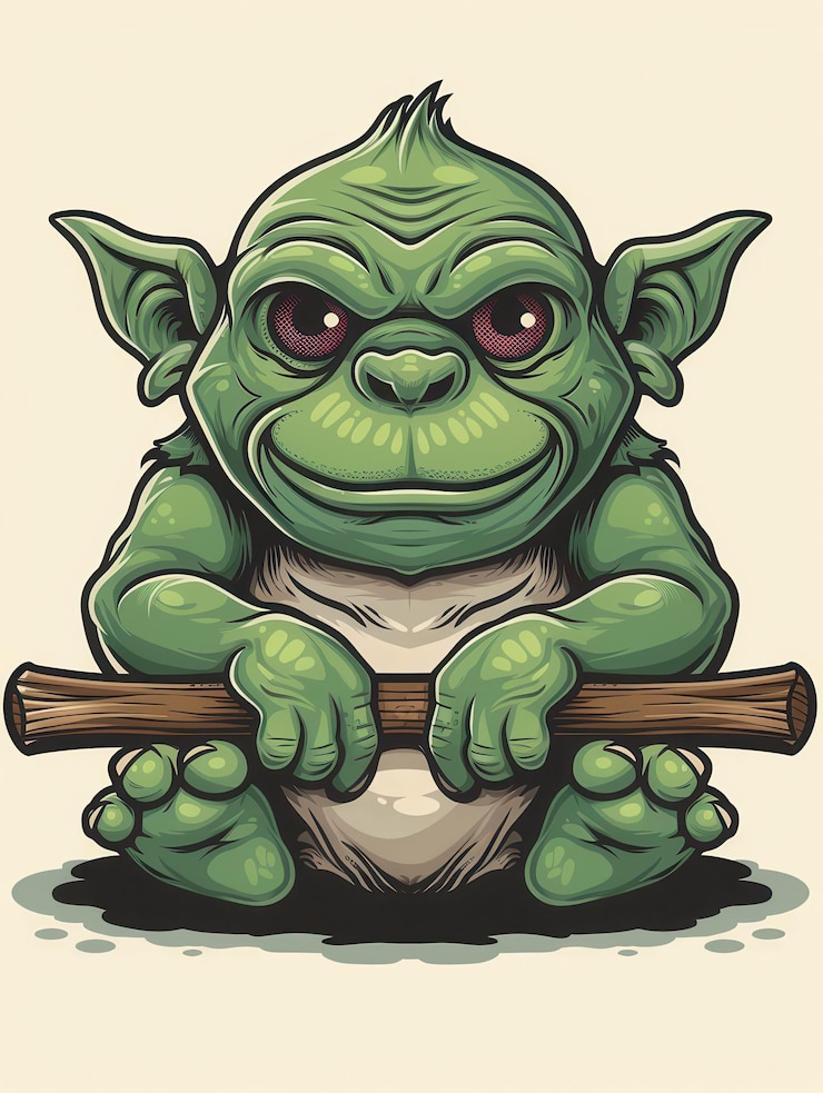 Photo cute green goblin sitting with a stick