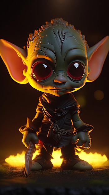 Cute green goblin with stick in hand in 3D style Dungeons mystic creature big headed toy statuette with big eyes glowing light