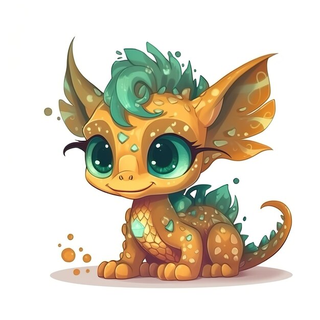 Cute Green Golden Dragon on whiite background cartoon illustration poster card