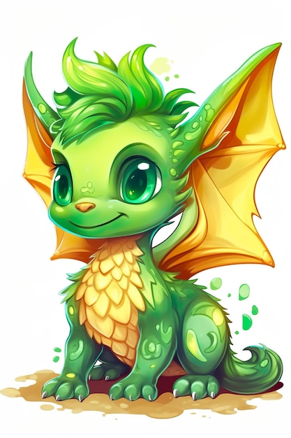 Cute Green Golden Dragon on whiite background cartoon illustration poster card