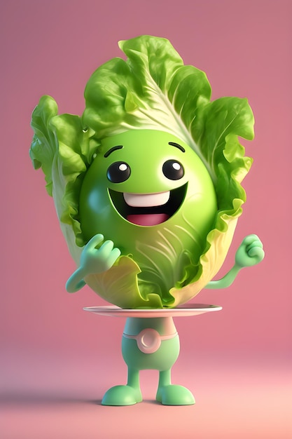 a cute green lettuce character are smile