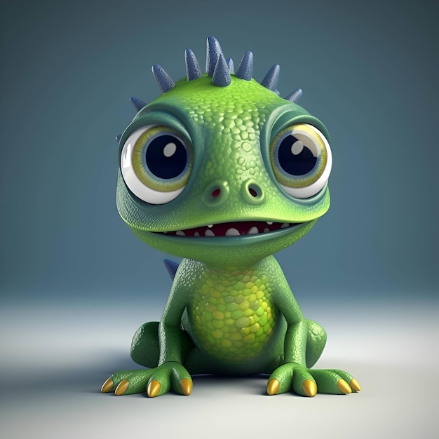 Cute green lizard on a blue background 3d render illustration