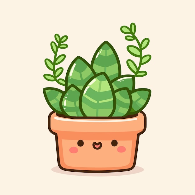 Cute green succulent in a pot kawaii style houseplant decoration Vector illustration of cactus