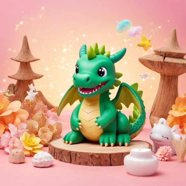 可愛い緑の木製のドラゴン 3D スタイル カートゥーン