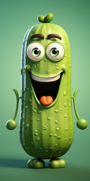 Cute green zucchini or cucumber 3d cartoon High quality photo Generative AI