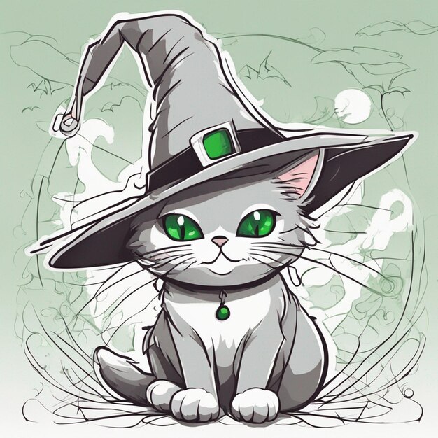 Photo a cute grey cat green eyes with halloween hat bats flying around outlined background