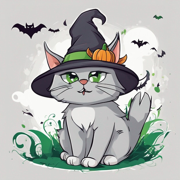 Симпатичный серый кот с зелеными глазами и летучими мышами в шляпе Хэллоуина, летающими по очерченному фону