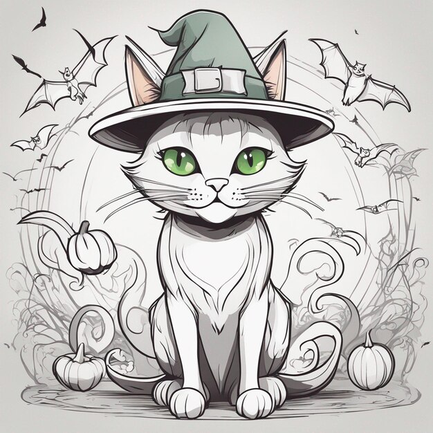 Foto un simpatico gatto grigio occhi verdi con pipistrelli cappello di halloween che volano intorno allo sfondo delineato