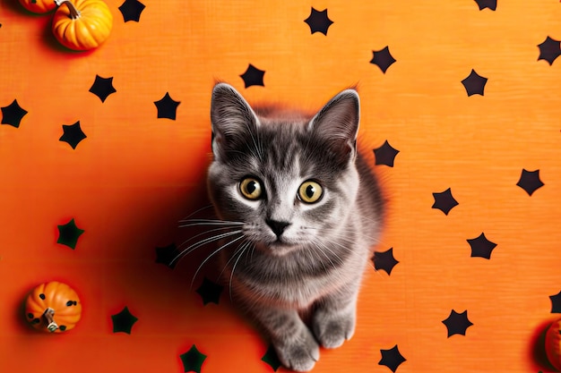 Cute grey cat on an orange halloween style rug top view copy with copy space