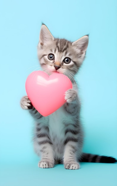 A cute grey kitten holds a heart in its paws