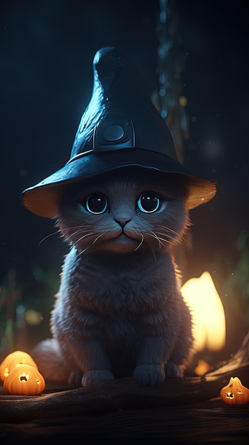 Cute grey kitten in a witch's hat sitting in the forest 3D illustration