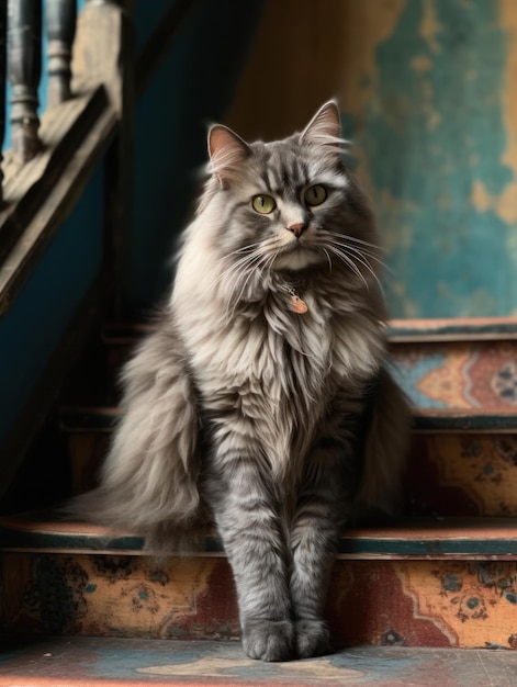 Симпатичная серая кошка мейн-кун отдыхает, производя ИИ