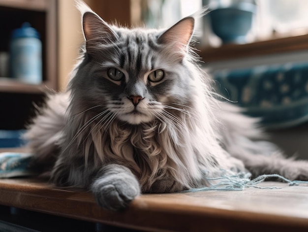 귀여운 회색 메인 쿤 고양이가 생성 인공 지능을 쉬고 있습니다.
