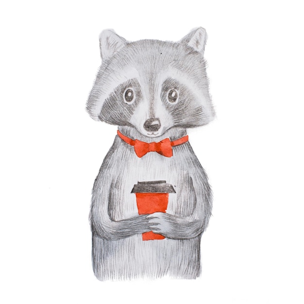 cute grey raccoon wearing red bow tie holding a takeaway cup of coffee with both hands handdrawn