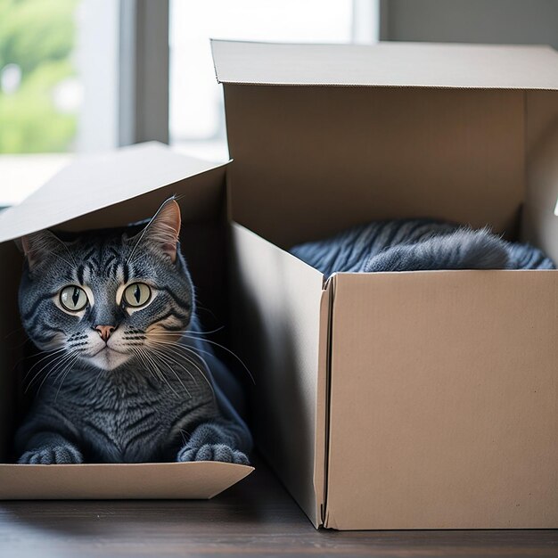 Photo cute grey tabby cat in cardboard box on floor at home ai generated