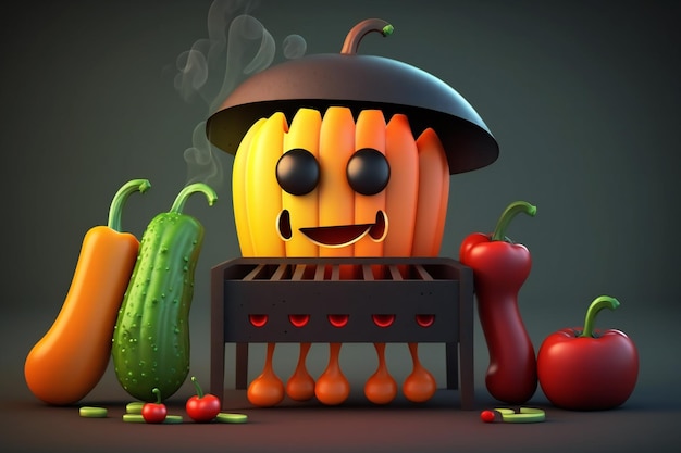 Симпатичные овощи на гриле мультипликационный персонаж