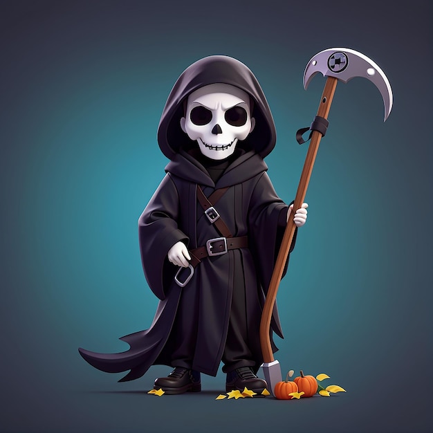 Cute Grim Reaper Holding Scythe Cartoon Vector Icon Illustration Halloween Holiday Icon Concept Isolated Premium Vector Flat Cartoon Style