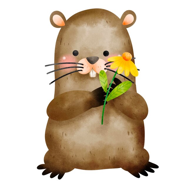 Cute groundhog holding yellow flower