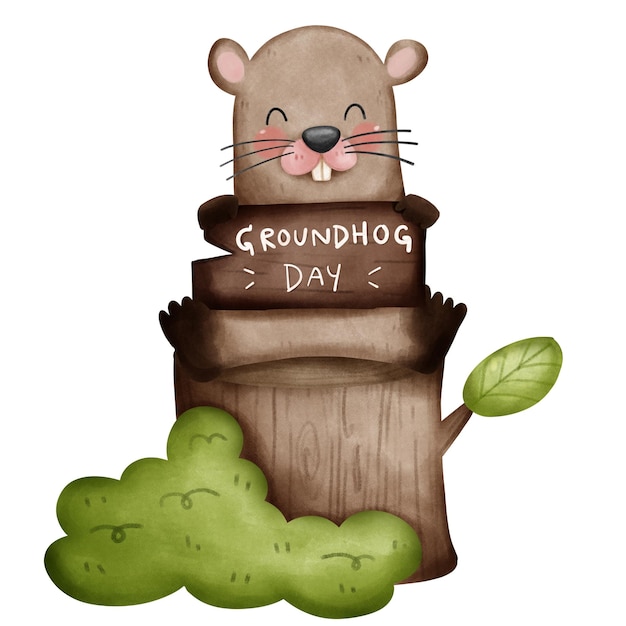 Cute groundhog sitting on wood stump showing a groundhog day wooden sign