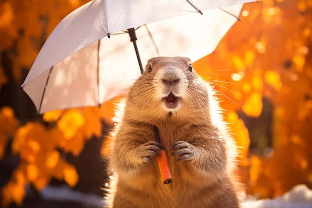 Cute groundhog with white umbrella autumnal trees on background