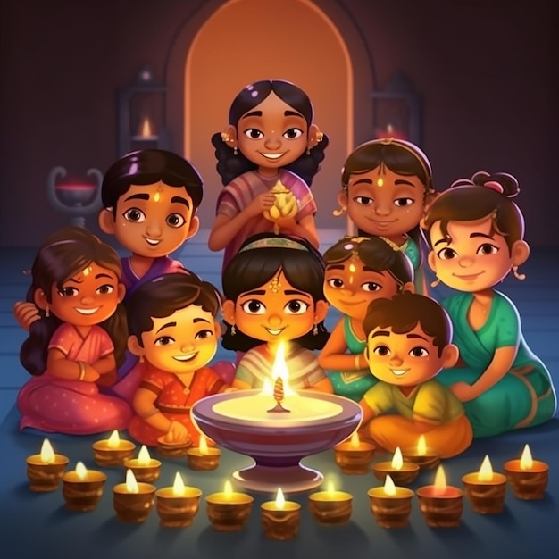幼い子供たちがオイルランプを点灯しお祭りを祝っている可愛いグループアニメのベクトルイラスト