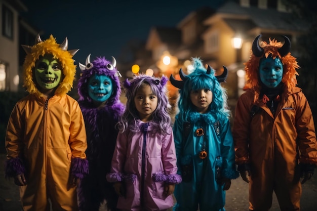 Фото Милая группа детей в костюмах монстров на хэллоуин.