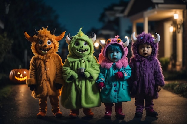 Фото Милая группа детей в костюмах монстров на хэллоуин.