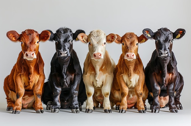 사진 고립 된 색 배경 에 있는 소 와 송아지 의 귀여운 그룹