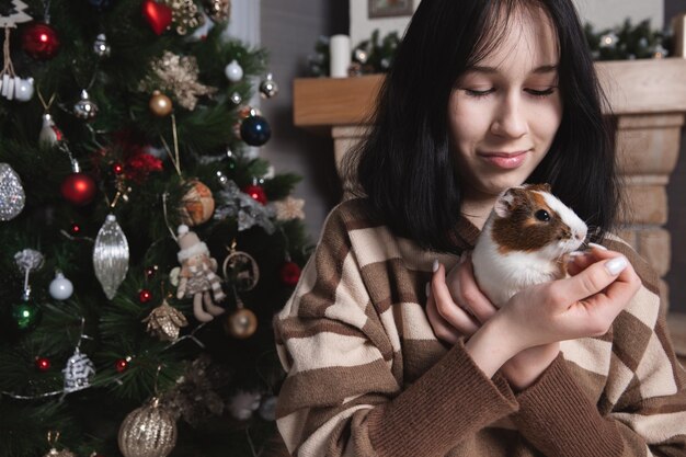 Cute guinea pig in the girl\'s arms child and animal\
concept