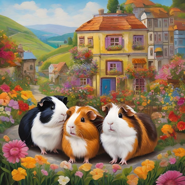 Cute guinea pigs in a little colorful town with flowers in oil painting style