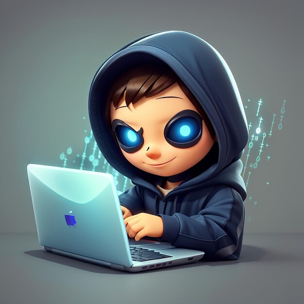 Cute Hacker Operating Laptop Cartoon Vector Icon Illustration People Technology Icon Concept Isolated Premium Vector Flat Cartoon Style