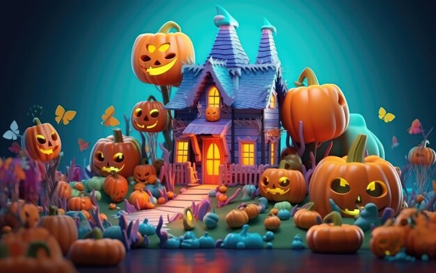 cute halloween 3d background with colorful3drender generative ai