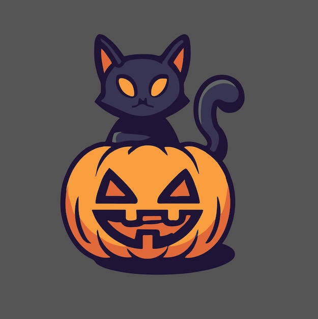 cute halloween black cat with evil pumpkin illustration cartoon black cat and evil pumpkin halloween