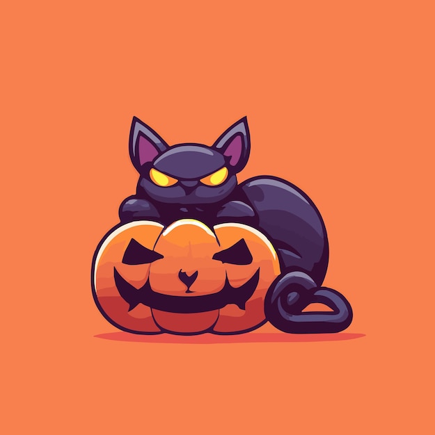 Cute halloween black cat with evil pumpkin illustration cartoon black cat and evil pumpkin halloween