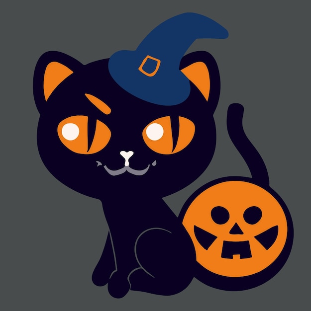 Photo cute halloween black cat with evil pumpkin illustration cartoon black cat and evil pumpkin halloween