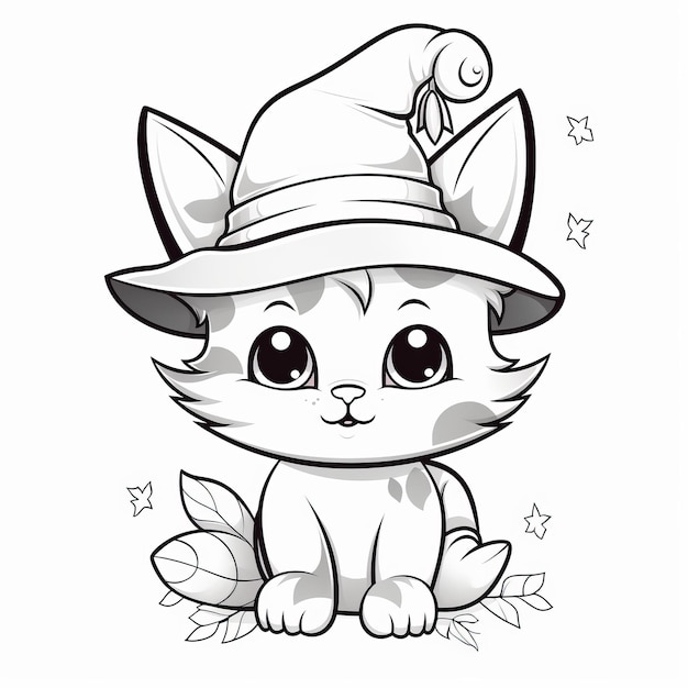 写真 ハロウィーンの可愛い猫のカラーページ 麗な白い背景の帽子をかぶったシンプルで遊び心のあるキティ