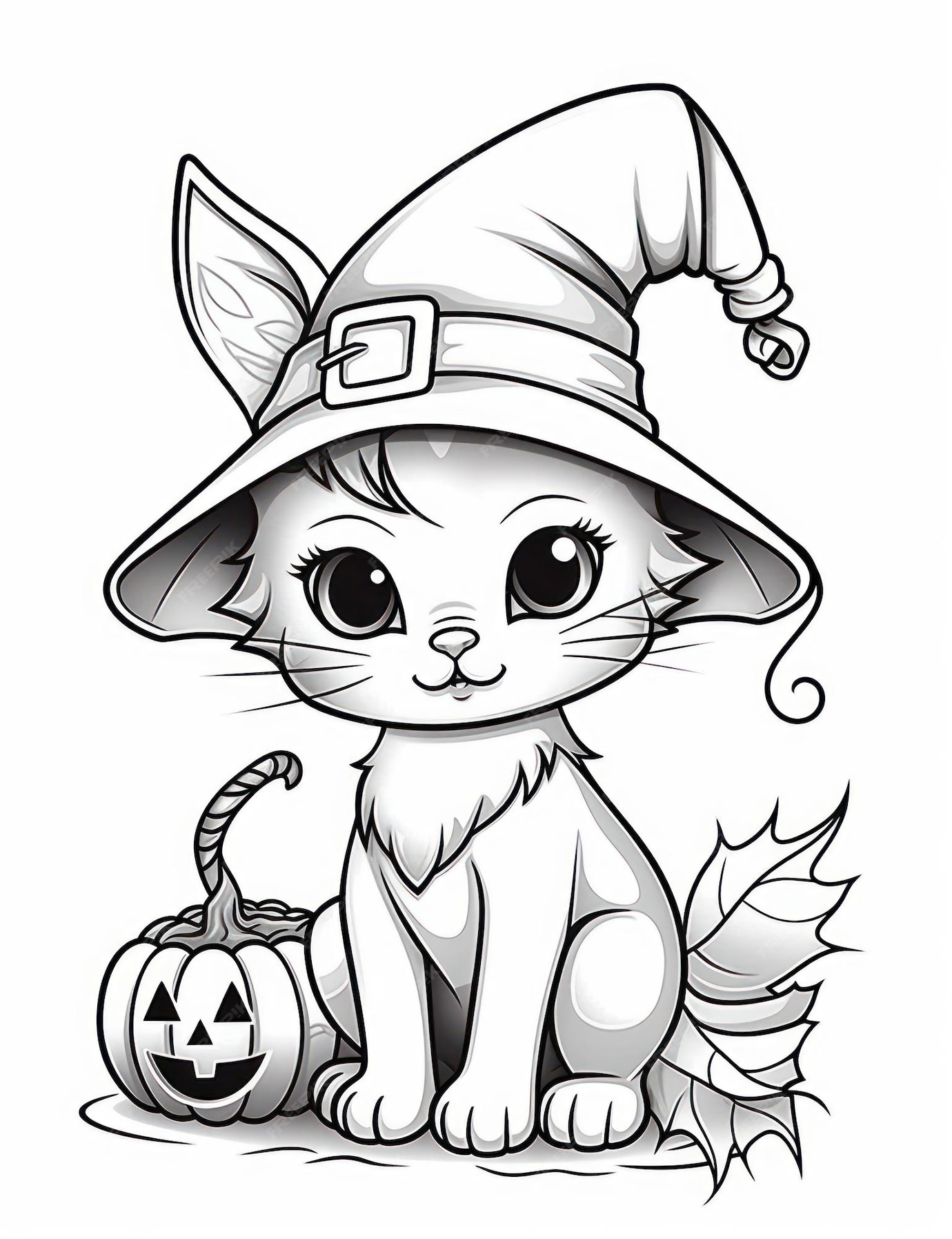 Cute Halloween cat coloring page wearing a witches hat Premium AI