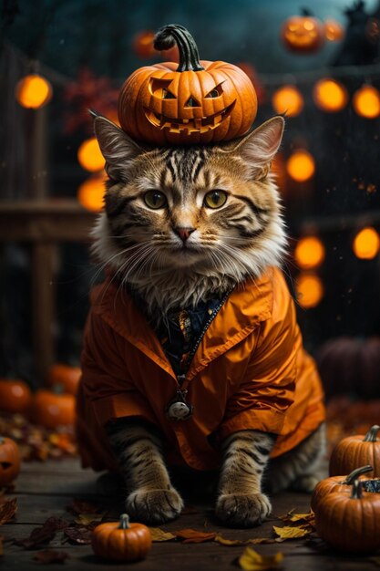 Photo a cute halloween cat enjoy with pumpkins