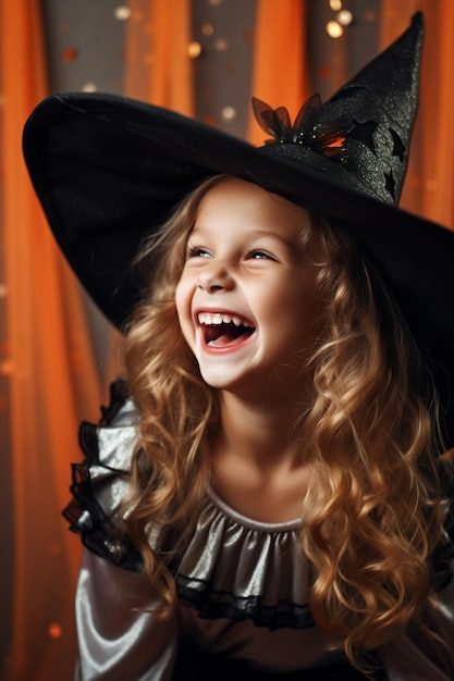 かわいいハロウィーンの魔法の小さな女の子の遊び心のあるコスチューム