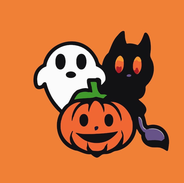 Foto fantasma di halloween sveglio con la zucca malvagia e il fantasma del fumetto di halloween dell'illustrazione del gatto nero