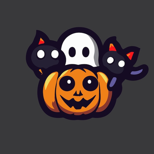 Cute halloween ghost whit evil pumpkin and black cat illustration cartoon ghost halloween