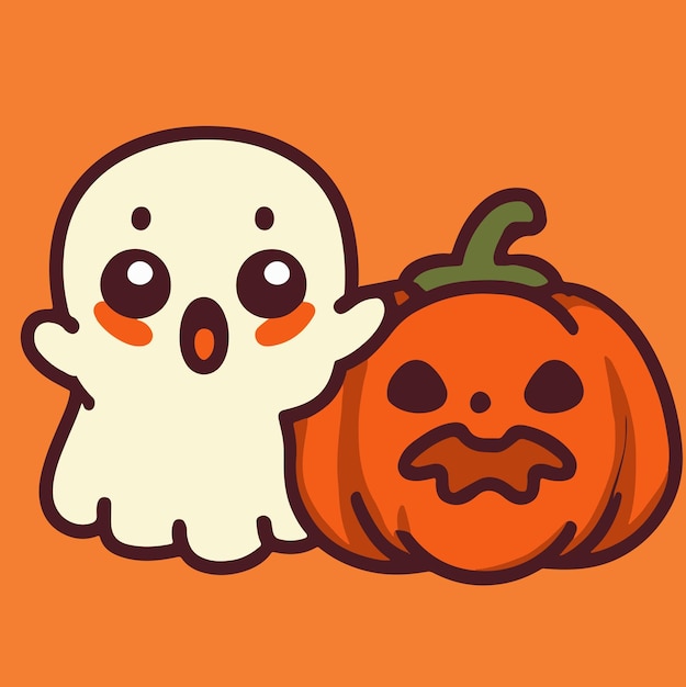 cute halloween ghost whit evil pumpkin illustration cartoon ghost halloween