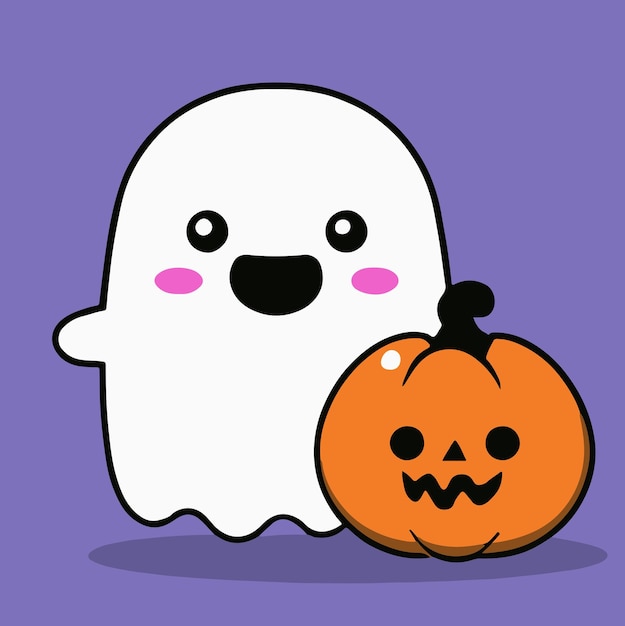 Cute halloween ghost whit evil pumpkin illustration cartoon ghost halloween