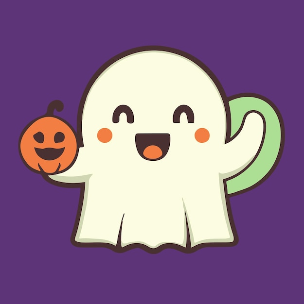 Cute halloween ghost whit evil pumpkin illustration cartoon ghost halloween