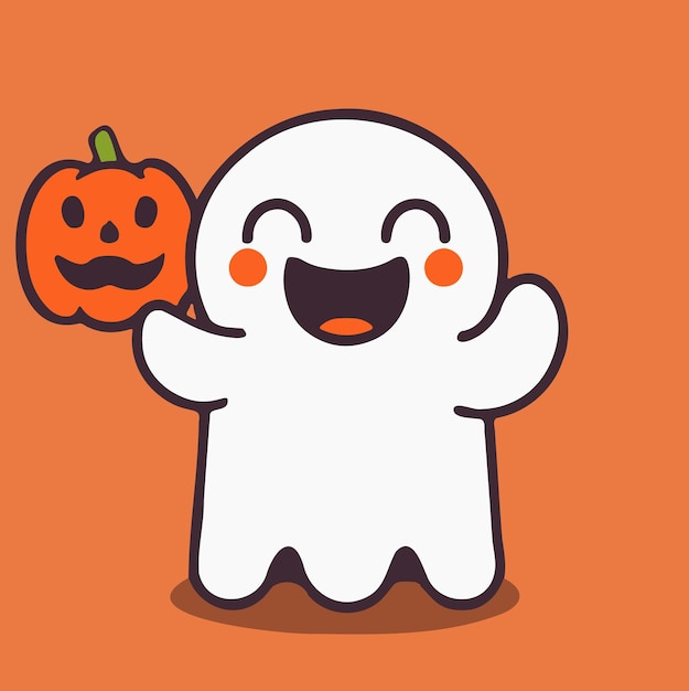 Cute halloween ghost whit evil pumpkin illustration cartoon ghost halloween